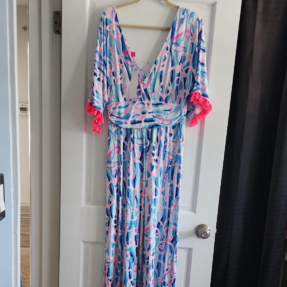 Lilly Pulitzer Blue and Pink Nautical Themed Maxi Dress With Pink Anchors